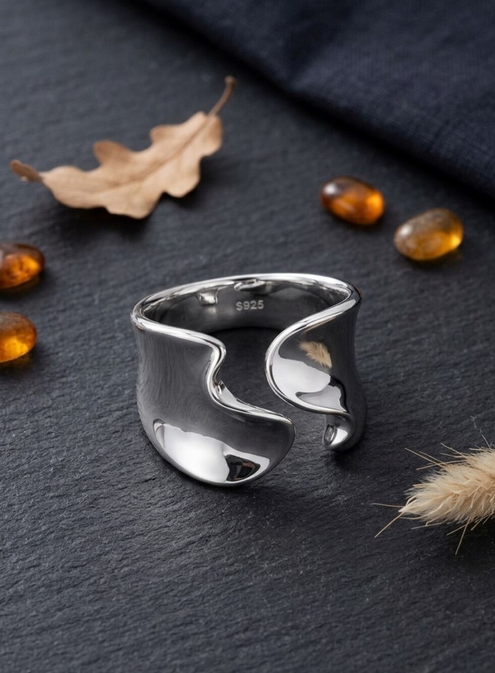 S925 Sterling Silver Sculptural Wave Chunky Open Ring White Gold Plated 7-8